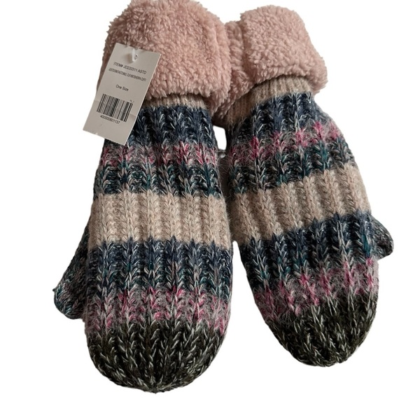 Chunky Knit Stripe Mittens with Pink Sherpa Cuffs - Picture 1 of 6